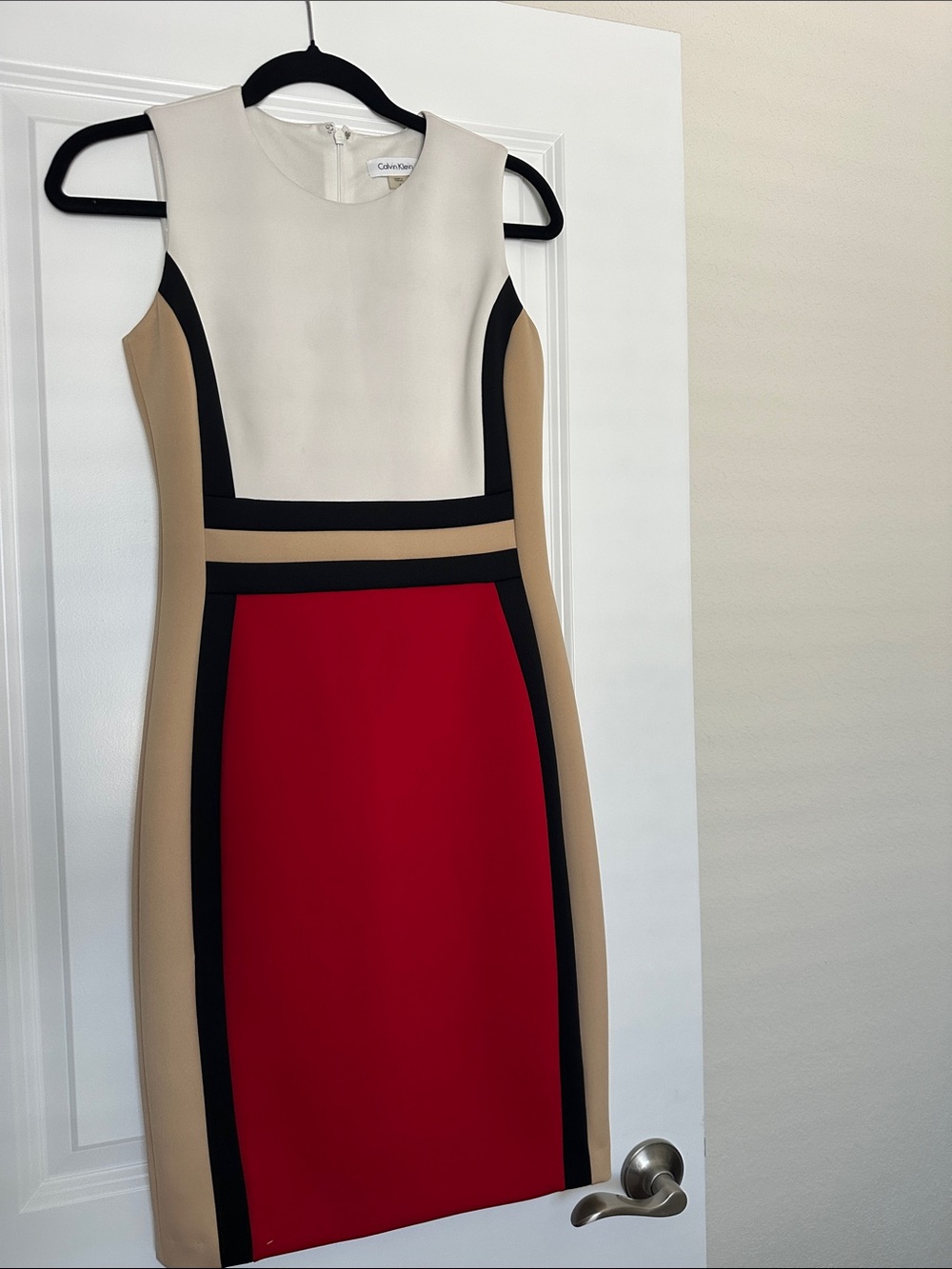 Calvin Klein Red, Cream & Tan Colorblock Sheath Dress with Black Trim